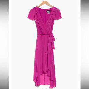DKNY Flutter Sleeve Pink Chiffon Faux Wrap Dress 6